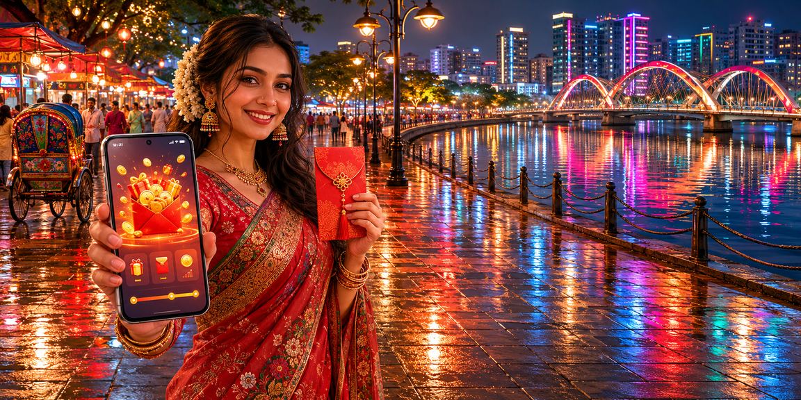 ঢাকার নাইট মার্কেটে রেড এনভেলোপ বোনাস উদযাপন করছেন একজন ব্যবহারকারী